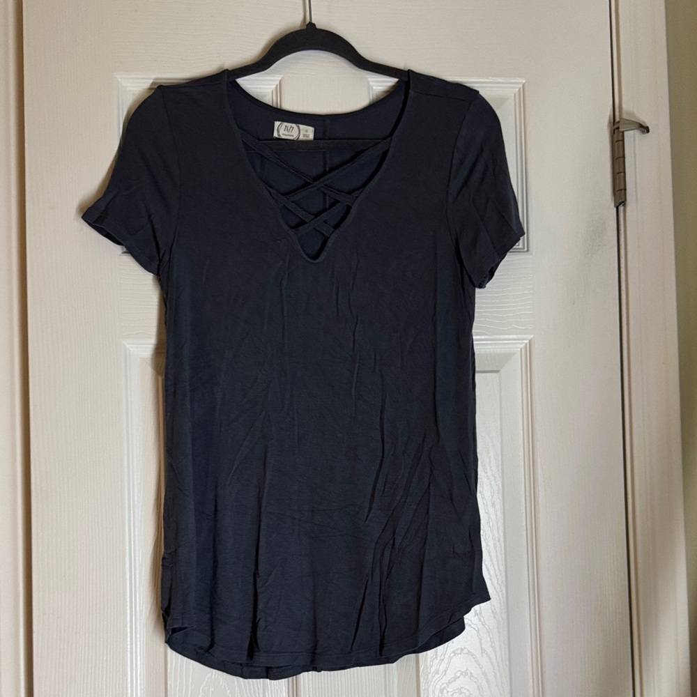 Maurices Navy Crisscross Short Sleeve Tee